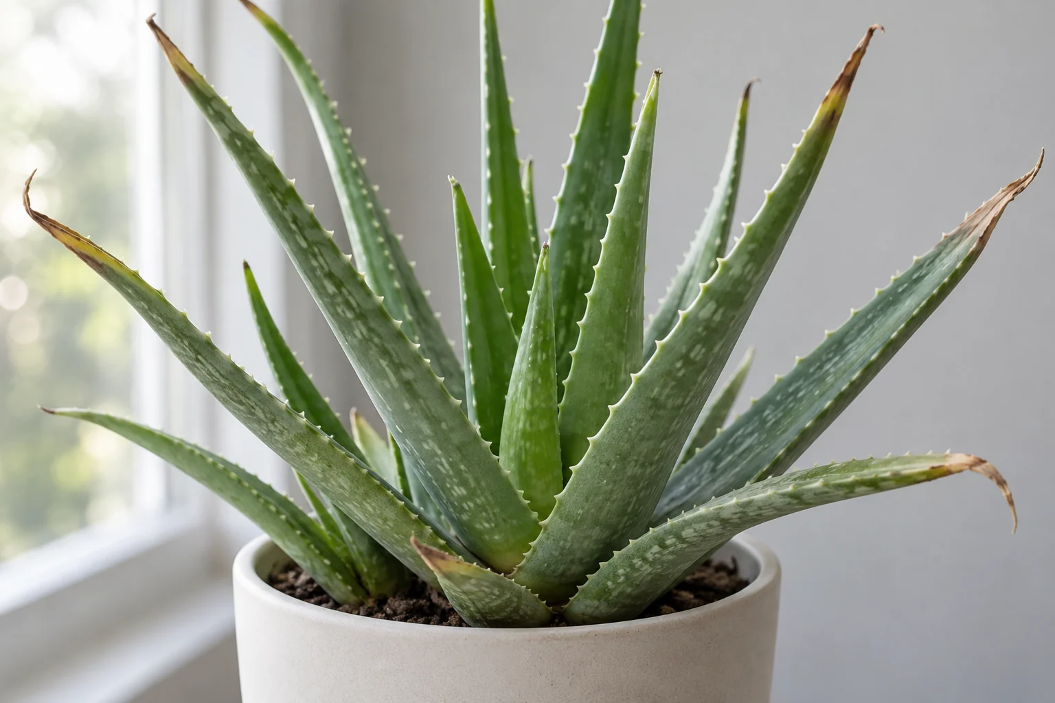 Aloe vera with dry brown leaf tips in a pale ceramic pot
