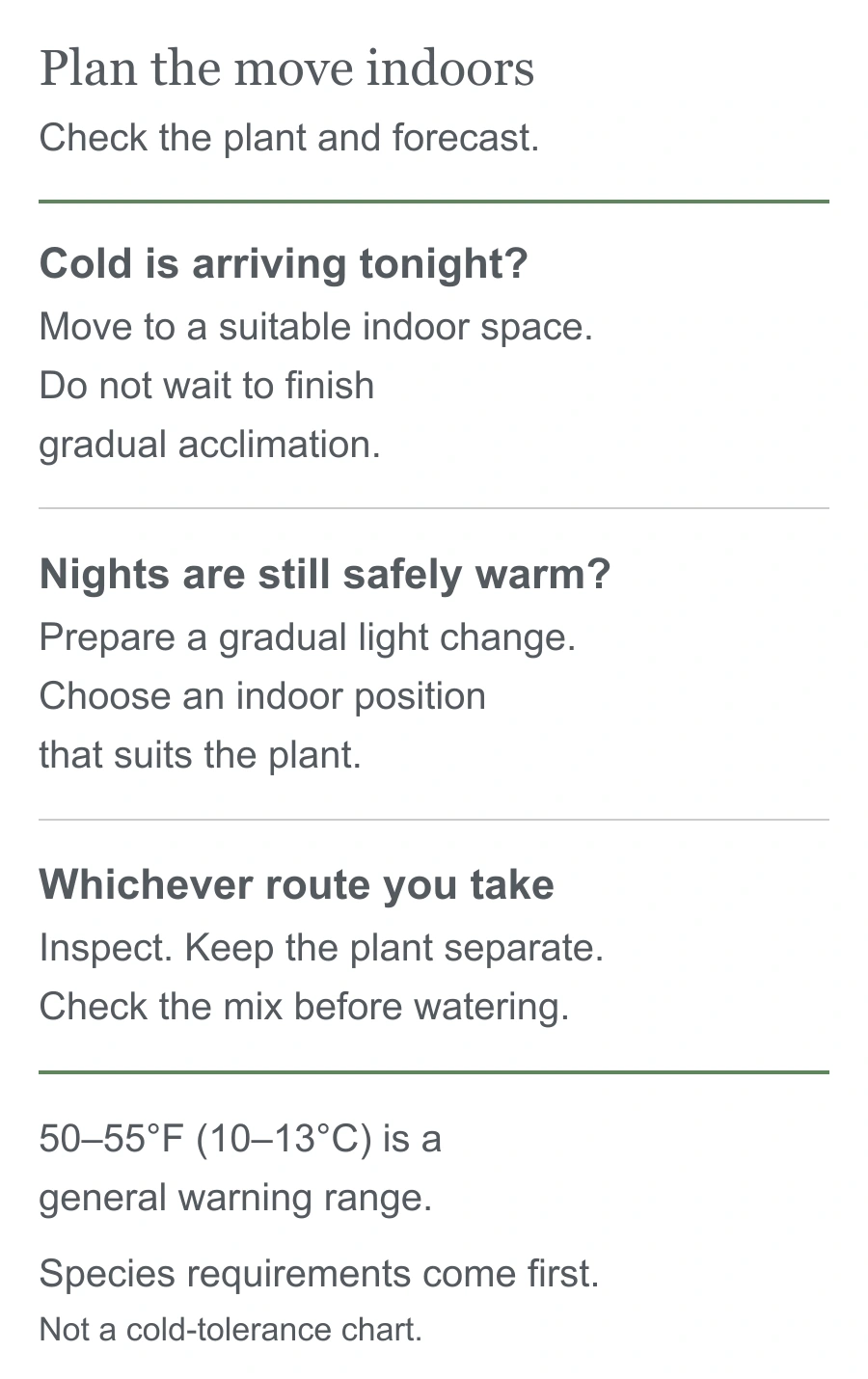 Move indoors now if cold is arriving; when nights remain safe, prepare a gradual light change. In both cases, inspect, keep separate, and check moisture.