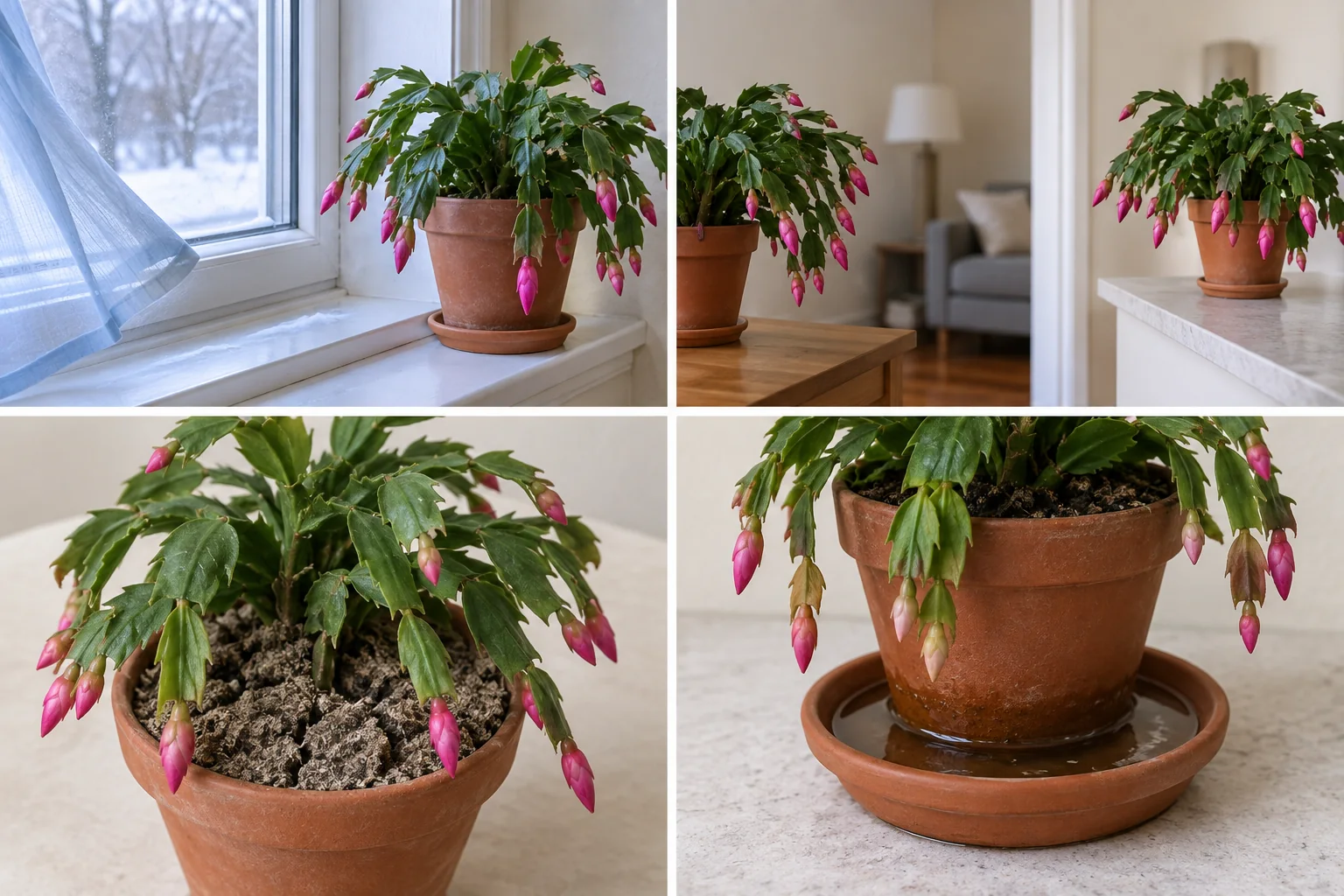 Holiday cactus placements, dry-looking mix, and saucer water