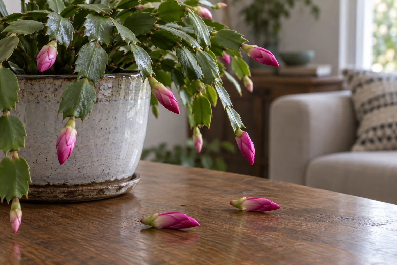 Holiday cactus with attached buds and fallen pink buds
