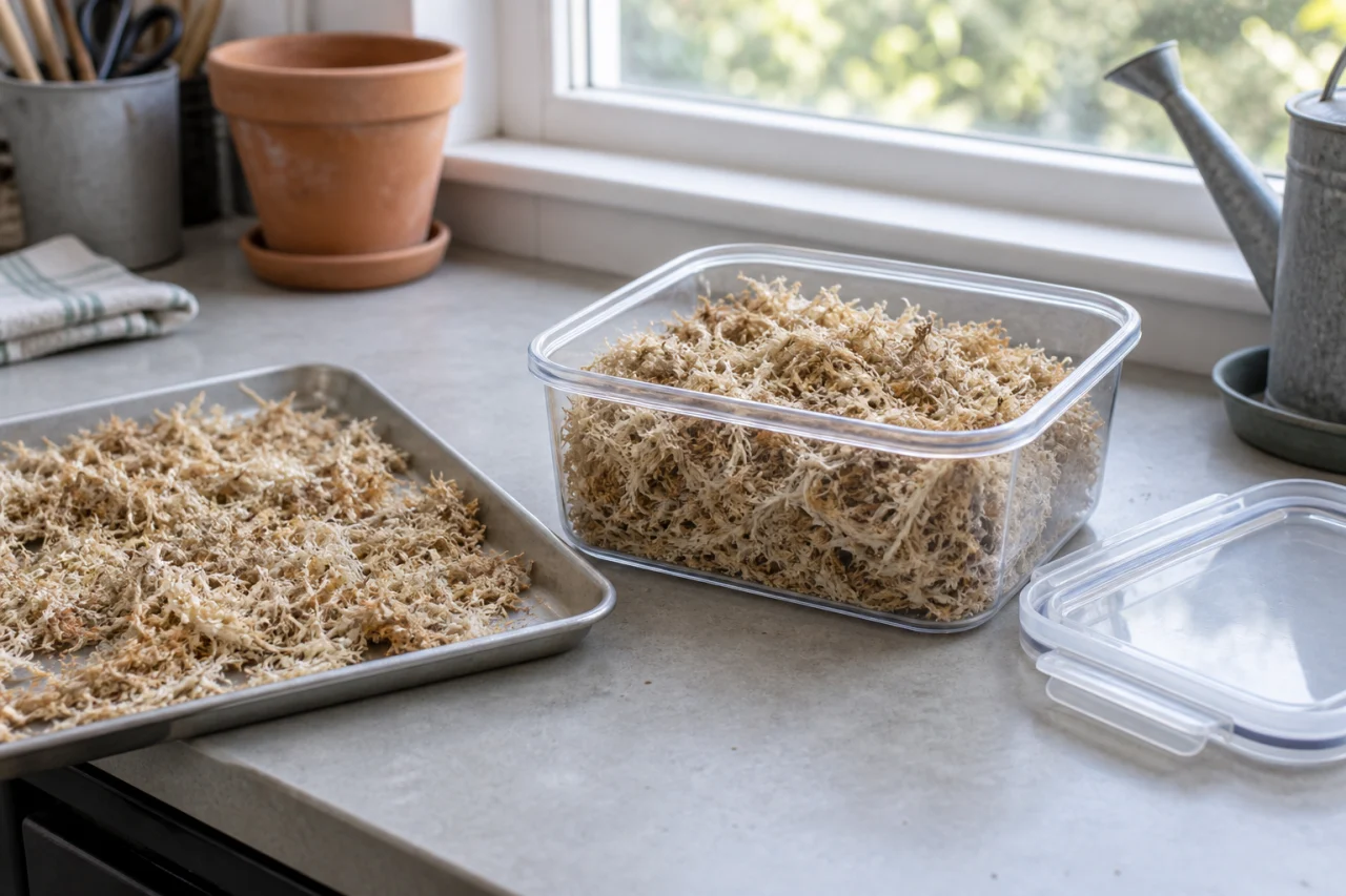 Dry sphagnum moss in an open storage container and a shallow tray