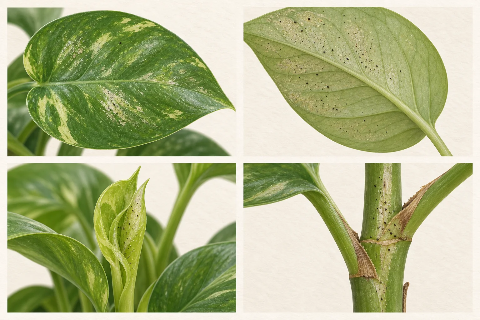 Houseplant leaf surfaces, new growth, and stem joints to inspect for thrips