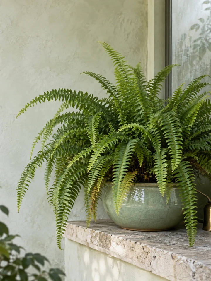 A lush Boston Fern with long arching green fronds cascading from a low celadon planter