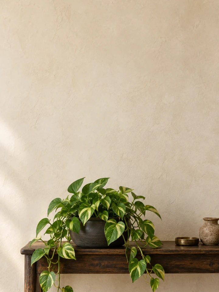 A Golden Pothos trailing from a charcoal pot on a worn oak shelf against cool blue-gray plaster