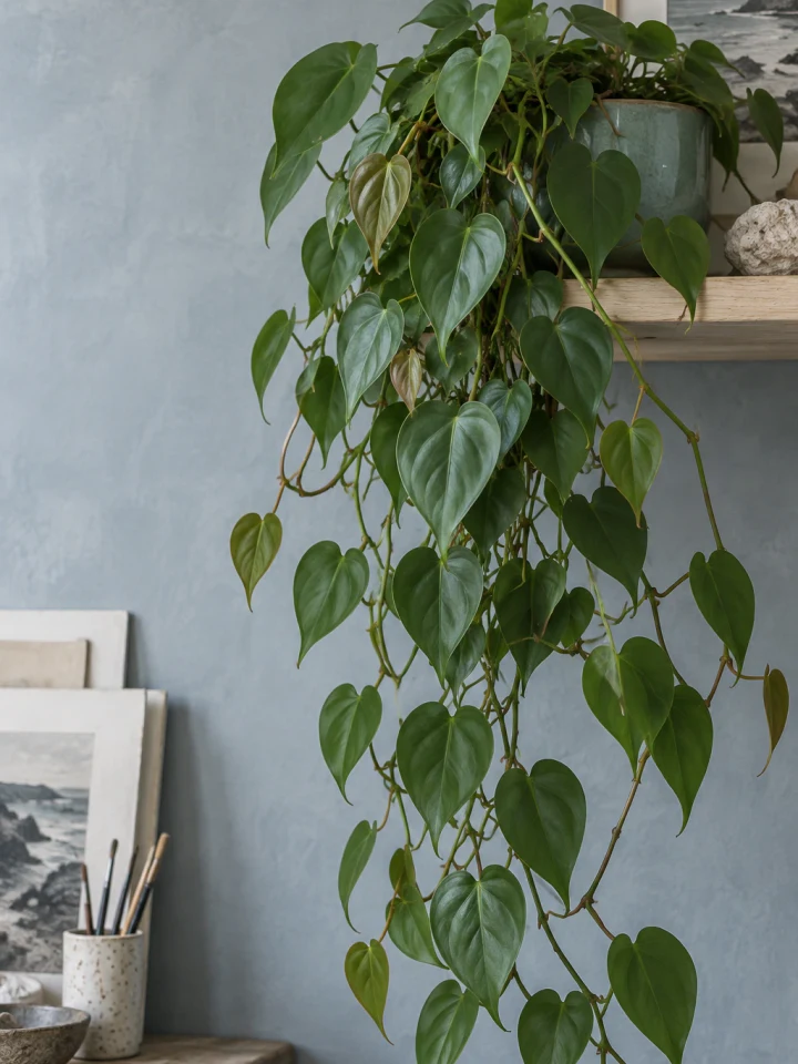 Cascading plain-green Heartleaf Philodendron vines against cool blue-gray limewash