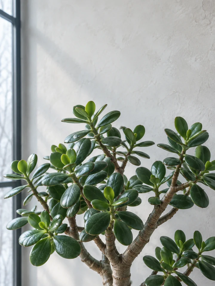 Mature Jade Plant with a branching gray-brown trunk and glossy oval leaves in cool window light