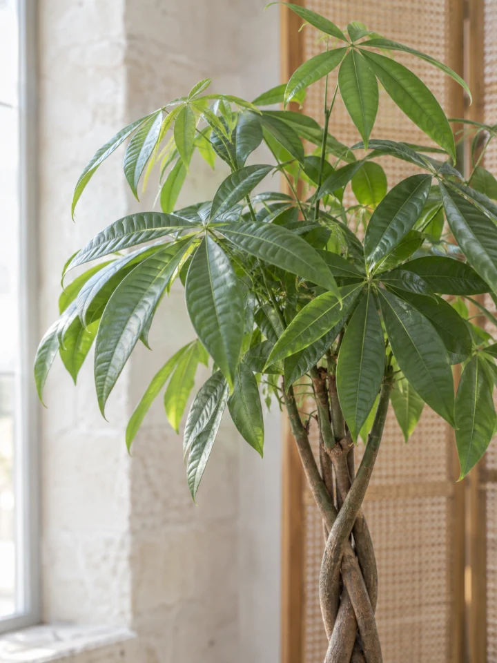 Close view of a Money Tree canopy with glossy palmate leaves above a braided trunk in soft blue-gray morning light