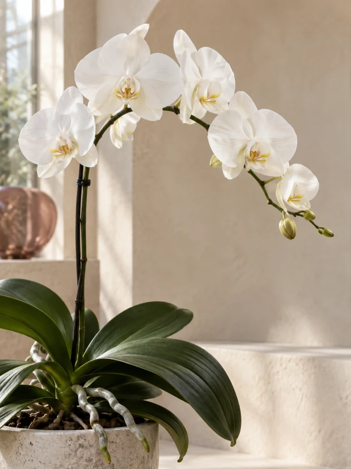 Close view of a white Moth Orchid flower spray, glossy leaves, and silvery aerial roots in quiet morning light