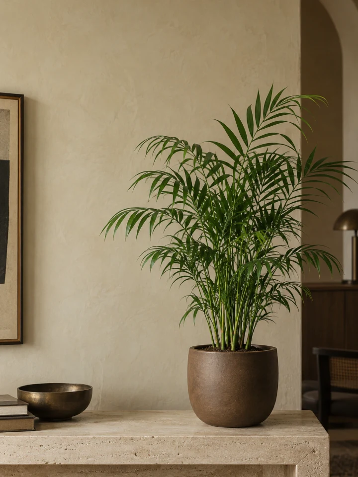 A graceful Parlor Palm with slender green stems and arching pinnate leaves in a dark brown ceramic pot