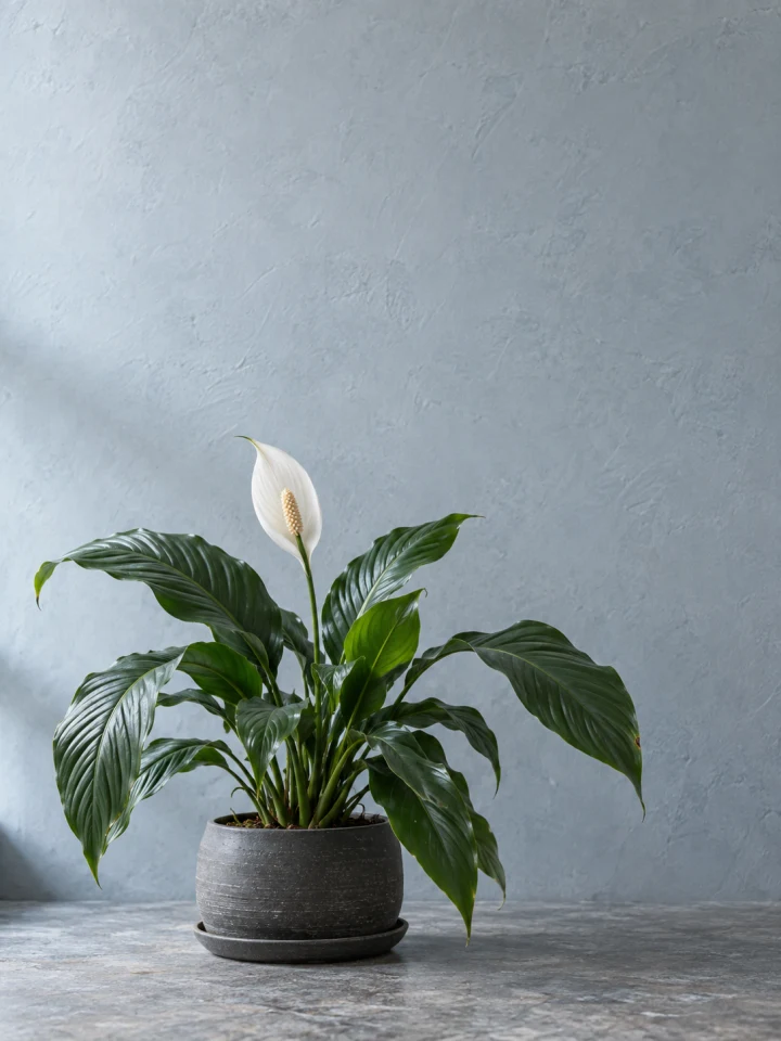 Glossy dark green peace lily leaves and one white spathe against a softly textured wall