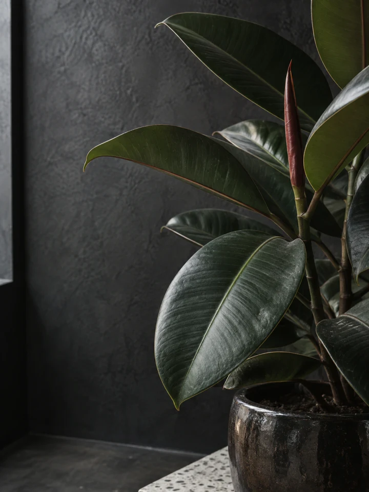 Close view of thick deep-green Rubber Plant leaves and a burgundy stipule against charcoal mineral plaster