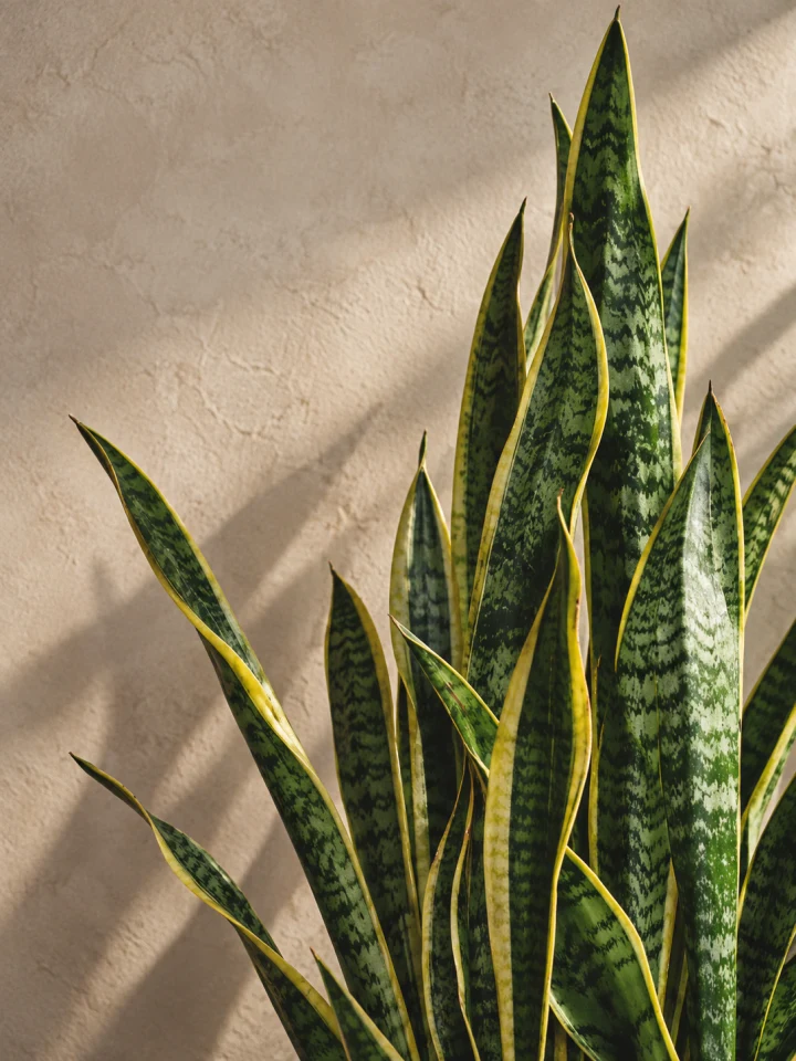 Side-lit sword-shaped leaves of a mature variegated snake plant against a warm plaster wall