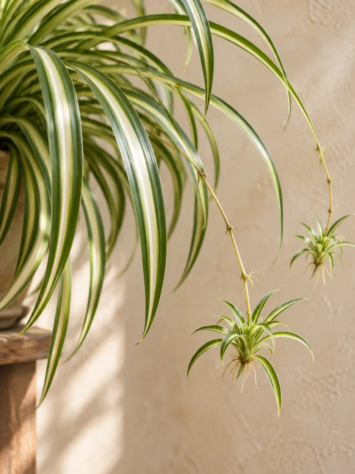 Arching green-and-white spider plant leaves and hanging plantlets against a warm plaster wall